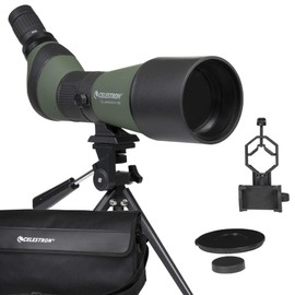 Celestron 52329 LandScout 80mm Angled Spotting Scope with Rubber Armour, Fully Coated Optics, 20–60x Zoom Eyepiece, Tabletop Tripod and Smartphone Adapter, Green