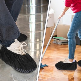 Uonlytech 200pcs Shoe Covers Disposable Non-Slip, Black Non-Woven Boot Covers for Indoors Your Home Offic Reusable, Stretchable Up Max Size 13 US Men