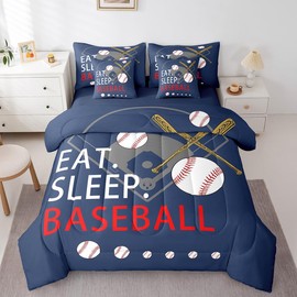 Feelyou Baseball 7 Piece Bedding Set Full Size Kids Boys Softball Comforter Set with Sheets for Teens Toddler Navy Blue Bed in a Bag Ball Games Bed Set