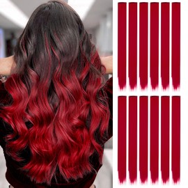 12 Pcs Red Hair Extensions, 22" Clip In Hair Extension Straight Long Hair Extensions Clip In Hair Synthetic Straight Hair Piece for Girls Kids Women Daily Party (Red)