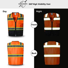 SKSAFETY Professional Safety Vest, Class 2 Hi Vis Vest with Reflective Strips, ANSI/ISEA Standard (Orange Black, M)