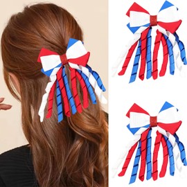 2Packs Independence Day Hair Bow Clips for Girls and Women 4th of July Hair Clips Red White Blue 3 Inch Curly Ribbon Alligator Barrette Patriotic Bowknot Handmade Cheer Hair Accessories