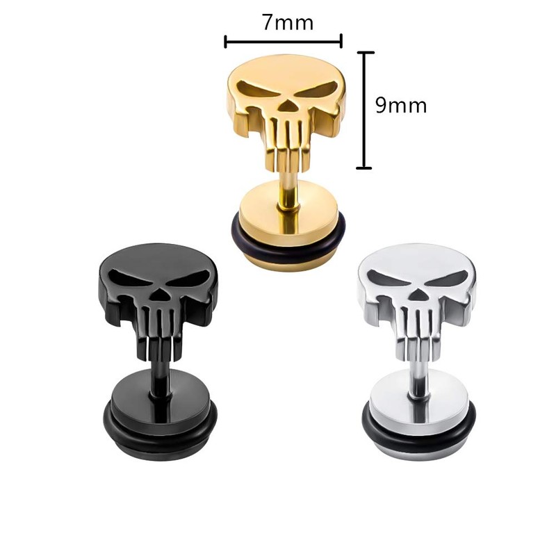 Stainless Steel Punisher Skull Stud Earrings Rock Skeleton Screw Back