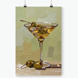 Dirty Martini Still Life Painting Canvas Print,Hand-Painted Cocktail Wall Art,Vintage Martini Wall Decor For Bar Home Living Room 12X18 in Unframed