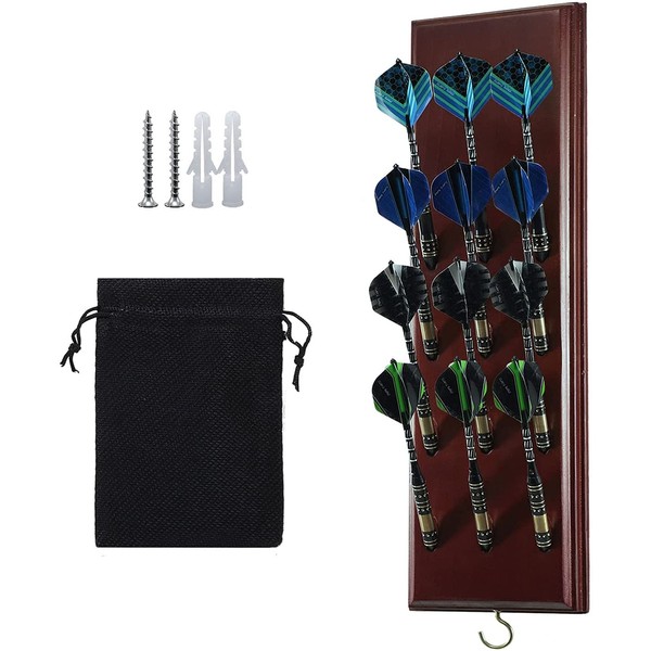 Dart Caddy, Wall Mount Wood Dart Holder/Stand, Displays 12 Steel/Soft Tip Darts, Solid Wooden Rack with Accessory Storage Bag…