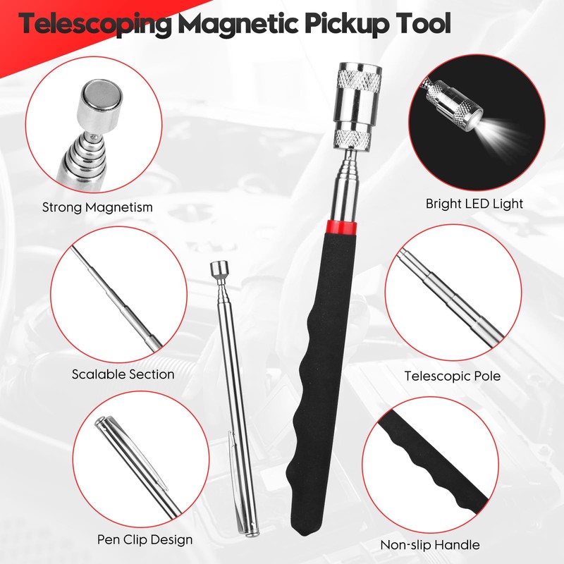 3 Pack Telescoping Magnet Pick-up Tool Set, Non-Slip Extendable Magnetic