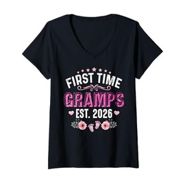 Womens First Time Gramps Est. 2026 Funny Floral Mother's Day V-Neck T-Shirt