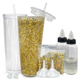 Snow Globe Tumbler Kit (2 pack): DYI complete craft kit includes 24oz Double Wall Tumbler w/ predrilled hole, Stopper, Lid, Straw, Funnel, Glitter, 2oz container w/ 1oz of Snowglobe liquid