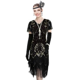 Women 1920S V Neck Sequined Beaded Gatsby Flapper Dress with 20s Accessories Set (XXXL, Style Flora 2 Black Gold)