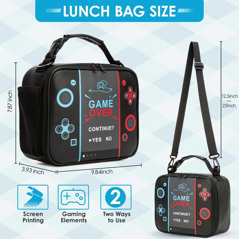 Gamer Lunch Box for Boys Kids, Large Capacity Insulated Lunch