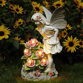 Voveexy Garden Figurines Angel Garden Statue Outdoor Decor, Solar Powered Resin Sculpture with 5 LEDs Art Decoration for Patio Lawn Yard Porch, Ornament Housewarming Garden Gift, 12.8 x 7.5 x 6.1 Inch