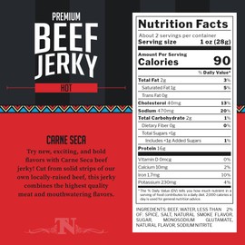Top Notch Carne Seca Jerky – 2.2 oz Bag of Natural, Dry Style Beef Jerky - High Protein Snacks for Kids and Adults Made From Locally Raised Beef (Hot)