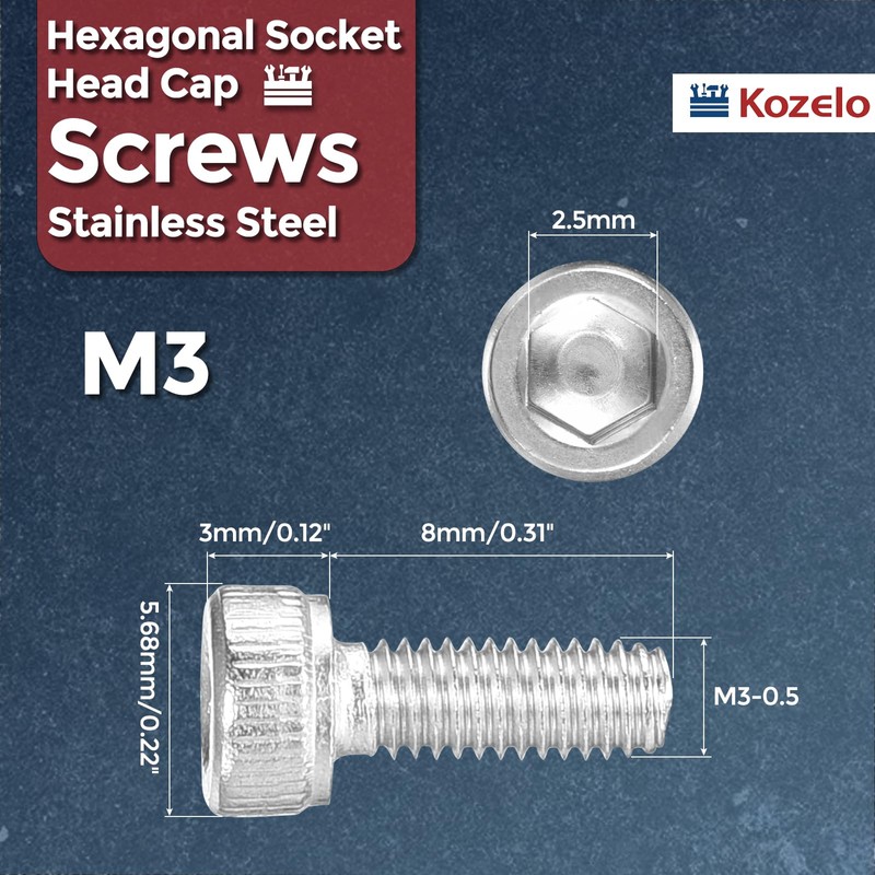 Kozelo 100pcs Socket Head Cap Screws - [M3-0.5 x 8mm]