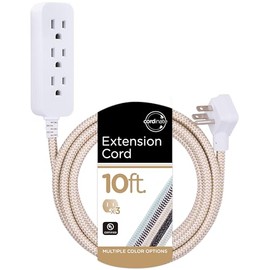 Cordinate Designer 3-Outlet Extension Cord with Surge Protection, Brown Braided Décor Fabric Cord, 10 ft, Low-Profile Plug with Tamper Resistant Safety Outlets, 37916