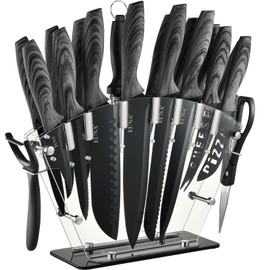 EUNA Knife Block Set, 19 PCS Kitchen Knife Set with Acrylic Block and Sharpener, German High-Carbon Stainless Steel Knife Sets with 6 Serrated Steak Knives, Bread Knife, Chef Knife, Dishwasher Safe