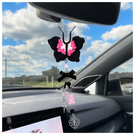 Crochet Butterfly Car Hanging Ornament for Women, Handmade Rear View Mirror Decoration, Cute Crochet Car Accessories for Crochet Lovers (Black)