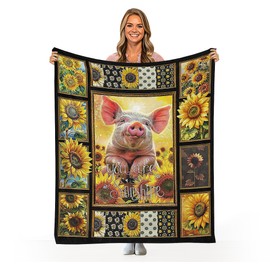 Pig Sunflower Throw Blanket, Sunflower Gifts for Women Girl, Sunflower Decor Flannel Fleece Ultra-Soft Micro Lightweight Cozy Comfort for Bedroom Couch Sofa All Seasons 50"x40"
