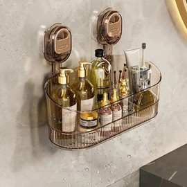 No Drill Bathroom Suction Storage Box, Removable Shower Basket No-Drill Suction Storage Large Capacity & Strong Load-Bearing Hanging Shower Shelf Organizer (Gold)