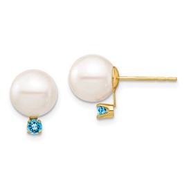 14K Yellow Gold 8-8.5mm White Round Freshwater Cultured Pearl Swiss Blue Topaz Post Ball Earrings