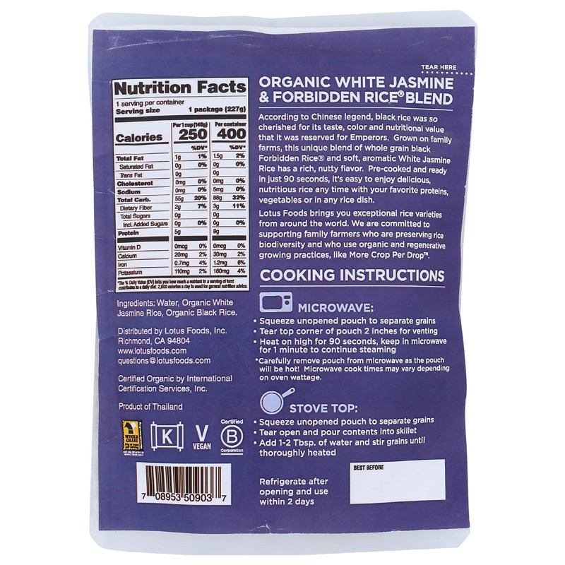 LOTUS FOODS Organic White Jasmine & Forbidden Rice, 8 OZ