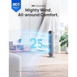 Dreo Tower Fan for Bedroom, 25ft/s Velocity Quiet Floor Fan, 90° Oscillating Fans for Indoors with 4 Speeds, 4 Modes, 8H Timer, Bladeless Fan, Standing Fans, Grey, Nomad One (DR-HTF007)