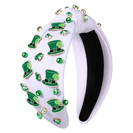 boderier St.patricks Day Headband Green Shamrock Top Hat Headband Jeweled Crystal Knotted Headband Holiday Party Hairband Headwear Hair Accessories