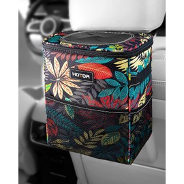 HOTOR Car Trash Can with Lid and Storage Pockets - 100% Leak-Proof Organizer, Waterproof Garbage Can, Multipurpose Trash Bin for Car, 2 Gallons, Autumn Leaves