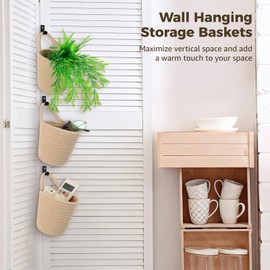 3 Pcs Fabric Hanging Baskets, Cotton Rope Storage Baskets with Hooks & Screws, Space-Saving Wall-mounted Bags, Rustic Decorative Baksets, Wall Hanging Organizers for Home & Office