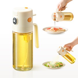 katbite 2 in 1 Oil Sprayer & Pour for Cooking, 18.6 oz(550ml) Glass Olive Oil Dispenser Bottle, One-Touch Open Lid, Non-Drip Leak-Proof Design, Fine Mist(0.5g/Spray) for Air Fryer, Salad, Cream White