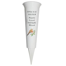 Memorial Grave Flower Pot - 33cm tall Sturdy White Memorial Graveside Flower Vase with Spike and Robin Image (Sister 8774)