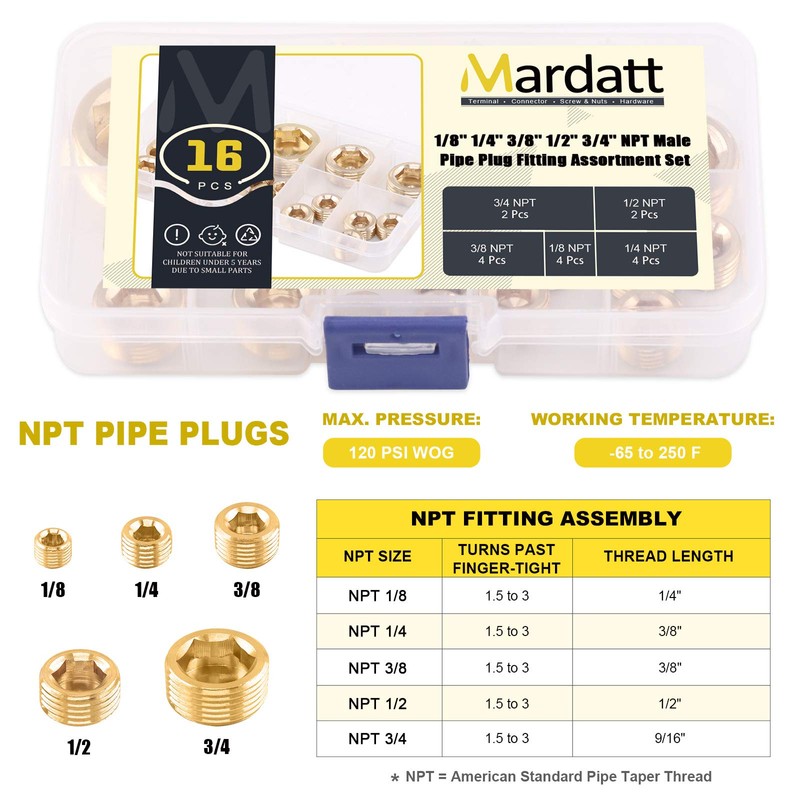 Mardatt 16Pcs 5 Sizes Brass NPT Plug Assortment Kit, 1/8"