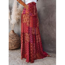 Timuspo Maxi Skirt Women's Long Elegant Boho Skirt Casual Midi Skirt A-line Plain Summer Skirt Skirts with Pockets Elastic High Waist Beach Skirt Casual Skirt, Boho red.