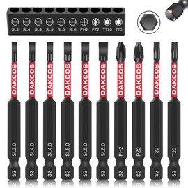 DAKCOS 10PCS 75mm Long Slotted Screwdriver Bits 1/4 Inch Hex Shank Bit Set, Flat Head Drill Bits for Impact Power Tool PH2/PZ2/SL3/SL4/SL5/SL6/TT20/T20, S2 Steel