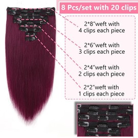 Clip in Hair Extensions Real Human Hair Clip ins 100% Brazilian Remy Human Hair Extension for Women 8pcs Per Set with 20 Clips Double Weft (16 Inch #99J Burgundy)