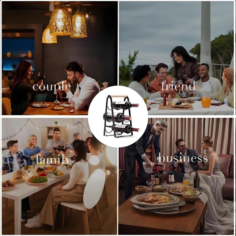 VANEME 6‑Bottle Foldable Stackable Metal Wine Rack with Wooden Handle,