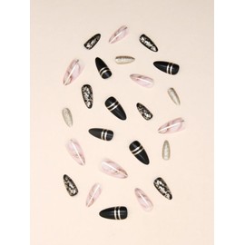 24-Piece Long Almond Press-On Nails Set, Black and Rose Gold Glitter Design, with Nail File and Tape