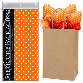 Flexicore Packaging Natural Brown Kraft Paper Gift Bags & Orange Gift Wrap Tissue Paper | Size: 5.25 Inch X 3.25 Inch X 8.25 Inch | Count: 50 Bags | Color: Orange Polka Dot