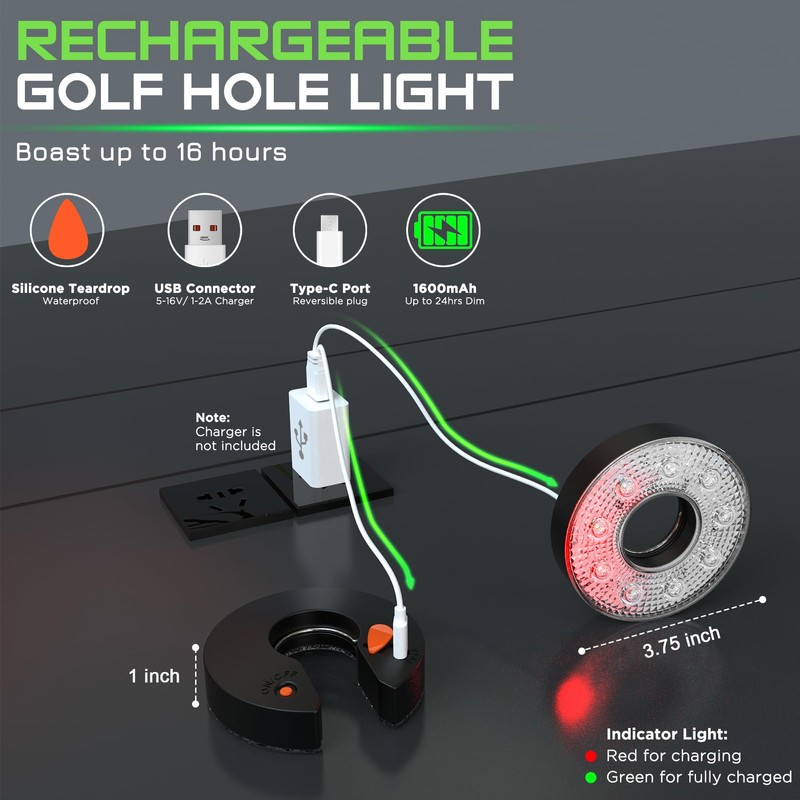 KINGTOP Rechargeable LED Golf Hole Light - Waterproof, Focused Illumination