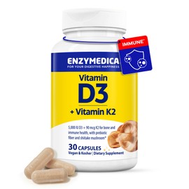 Enzymedica Vitamin D3 K2, 5000 IU Vegan D3 + 90 mcg MK-7, Plant-Based Supplement with Shiitake Mushroom & Prebiotic Fiber for Bone & Immune Support, 30 Capsules