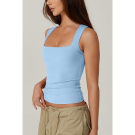 QINSEN Women's Square Neck Sleeveless Double-Layer Tank Tops Basic Tight T Shirts Blue S