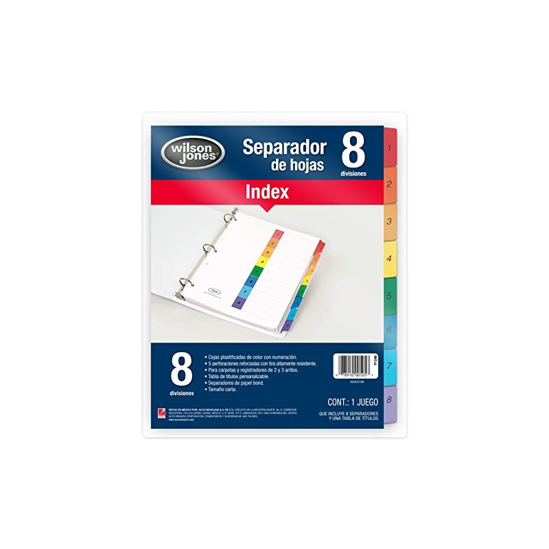 Wilson Jones P1346 Separadores de Carpeta Numerados, colores Brillantes, 8