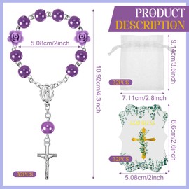 Jeyiour 96 Pcs Christian Catholic Favor Set Include 32 Finger Christian Rosaries Beads with Crucifix, 32 Organza Bags and 32 God Bless Tags Christening Wedding Party Favors(Purple)