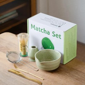 Kit de Matcha Ceremonial - Set de 6 Piezas,Set Completo para Preparar Matcha Auténtico, Incluye bol, batidor de bambú, soporte, cuchara, colador de acero inoxidable y cuchara medidora