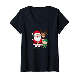 Womens Santa Claus Reindeer Elf Holiday Christmas V-Neck T-Shirt