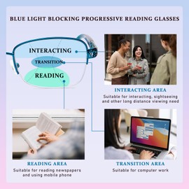 DEHOTRE Progressive Multifocal Reading Glasses Women No Line Bifocal Readers with Nose Pad Metal Half Frame Mid-Near Range 3ft Blue 2.50