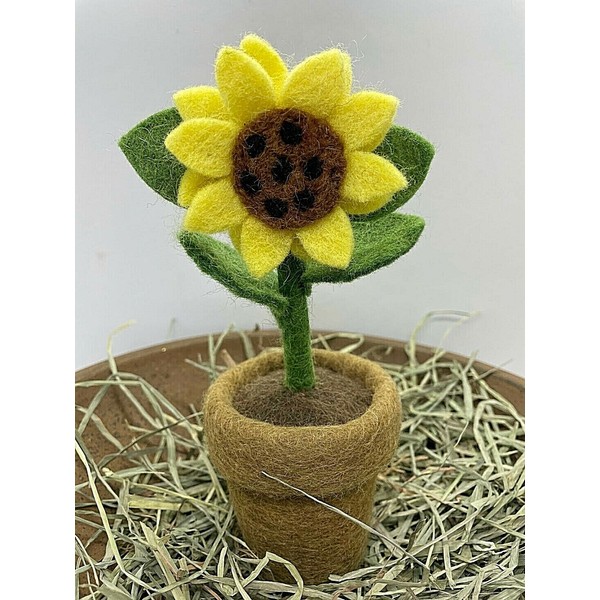 Handcrafted Primitive Folk Art Handmade Felted Sunflower in Pot 7"