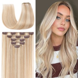 TESS Blonde Balayage Real Hair Extensions Clip, 5 Pieces, Double Wefts, #18P613 Golden Blonde/Blonde Clip-In Extensions, Real Hair, Straight, Remy Real Hair, 70 g, 50 cm Hair Extensions Real Hair Clip