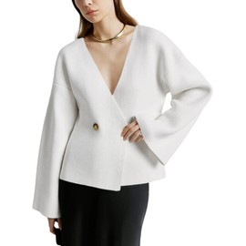 Saodimallsu Womens V Neck Cardigans Long Bell Sleeve Button Down Open Front Loose Knit Fall Sweater Blazer White