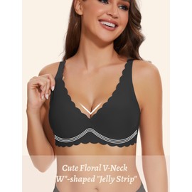 Gailife Wireless Bras for Women No Underwire Comfortable Seamless Bralettes with Support Everyday Cute Floral Plunge Bra -M,Black