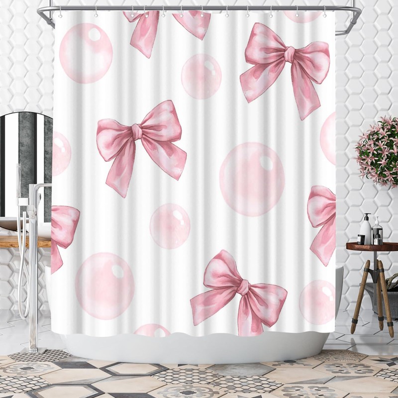 WELMECO Pink Bow Shower Curtain 72x72inch, Girls Bathroom Decor (Pink)